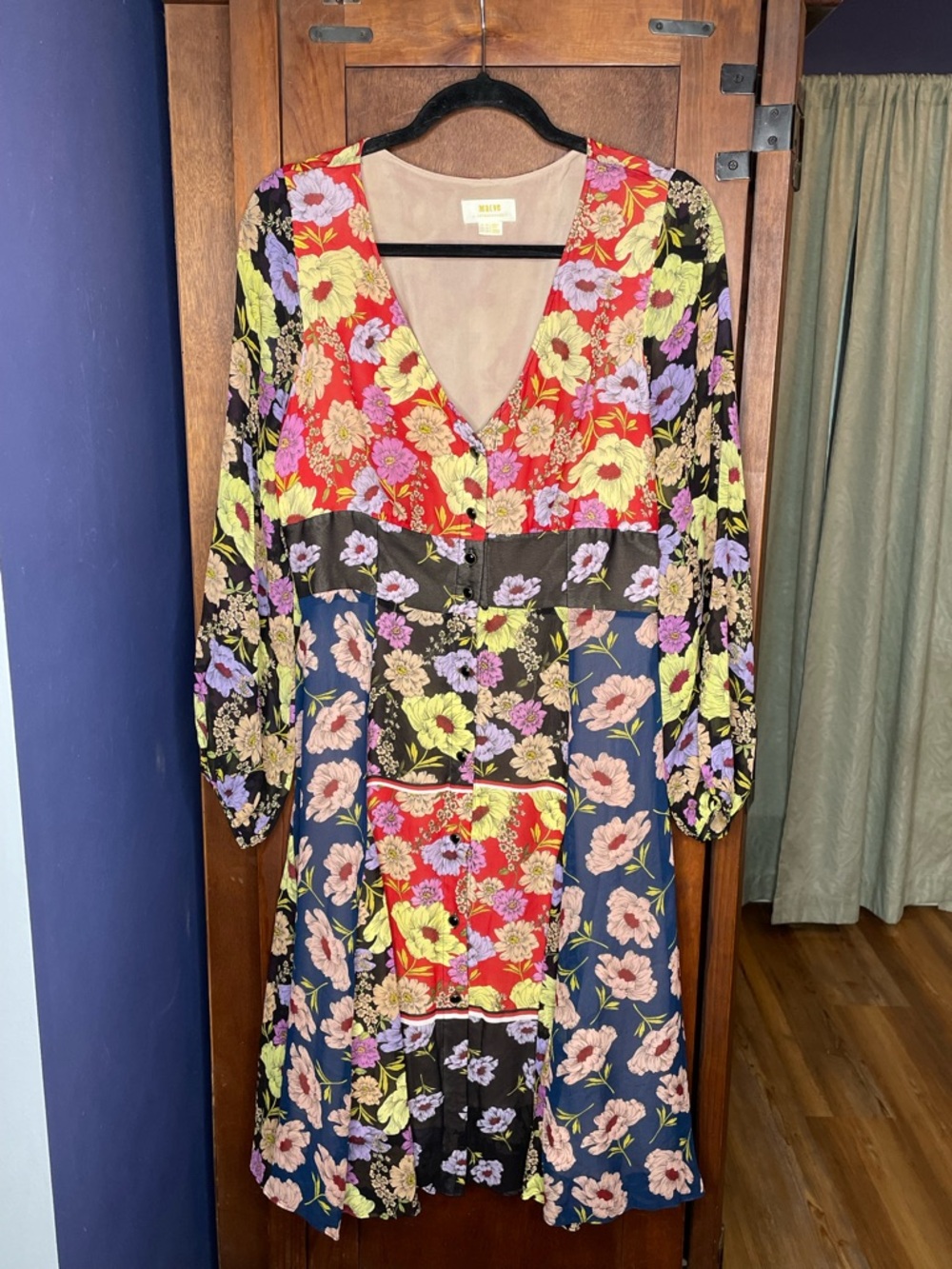 Maeve Anthropologie Patchwork Floral Midi Dress Boho V-Neck Button Front US 10 - Picture 3 of 6